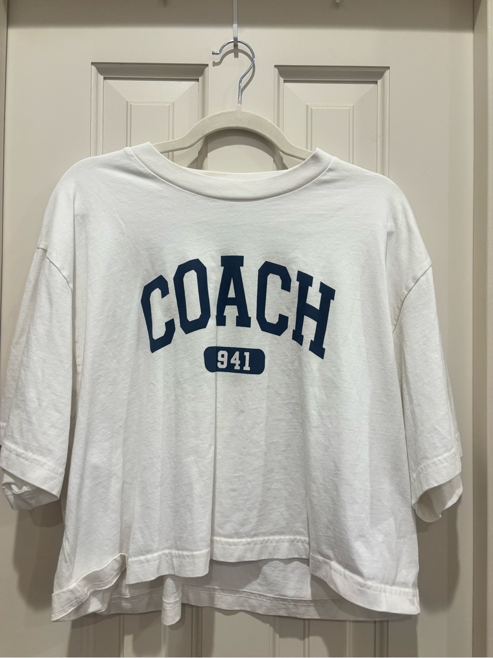 Coach White Crop Tee with Navy Logo